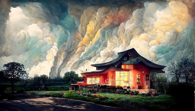 Casa de conto de fadas em nuvens volumosas, desenho abstrato, paisagem rural de pinturas a óleo. Vila velha.
