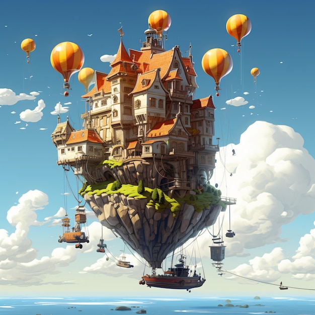 Casa de conto de fadas voadora em balões no céu azul com nuvens Generative ai