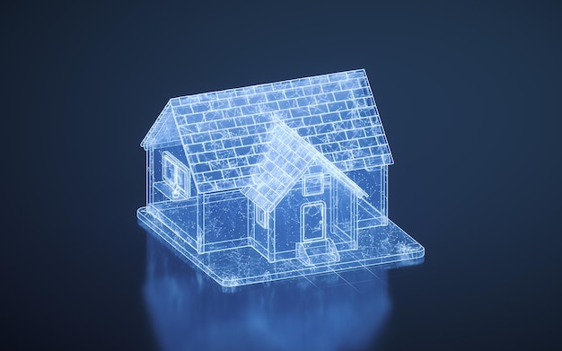 Foto casa de desenho animado 3d com renderização em 3d de linhas digitais azuis