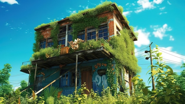 Casa de ecologia coberta de plantas verdes e céu azul Generative ai