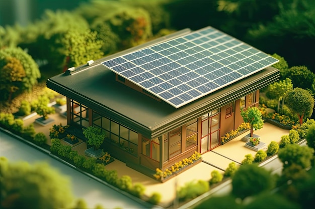 Casa de energia renovável verde com painéis solares fotovoltaicos conceito de casa ecológica Generative AIxA