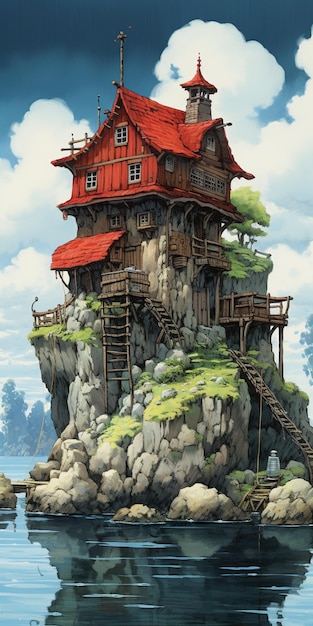 casa de estilo anime em uma ilha rochosa com escadas que levam ao nível superior