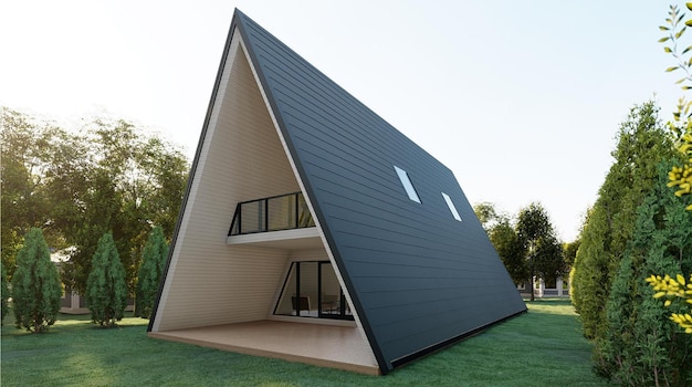 Foto casa de estrutura triangular em madeira com dois pisos. renderização de alta qualidade. modelagem 3d.