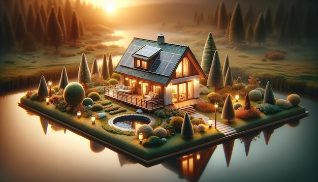 Casa de fadas em miniatura caprichosa aninhada em um jardim vibrante com um fundo de luz bokeh sonhoso refletido na água