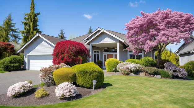 Casa de família e jardim em cores de primavera