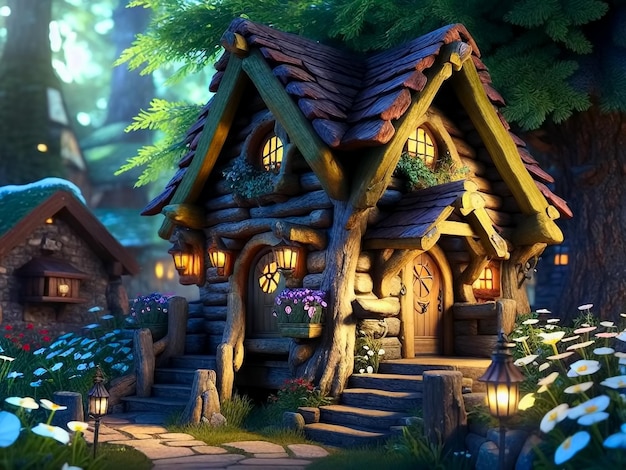 Casa de fantasia Hobbit na árvore na floresta de conto de fadas Generative AI