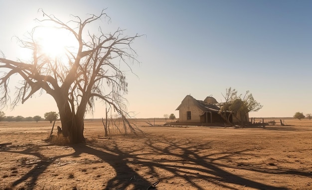 Casa de fazenda abandonada e árvores secas em clima de paisagem árida