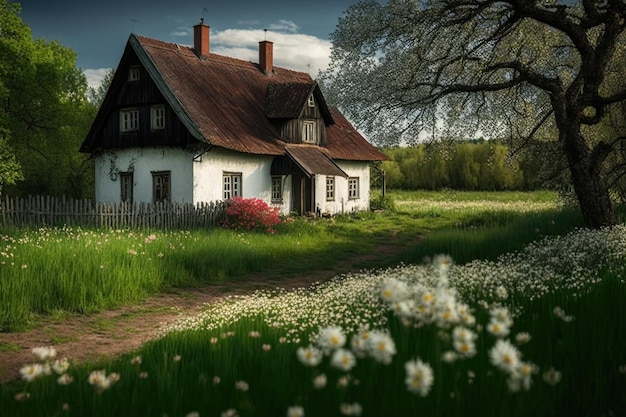 Casa de fazenda cercada por grama verde exuberante e flores desabrochando