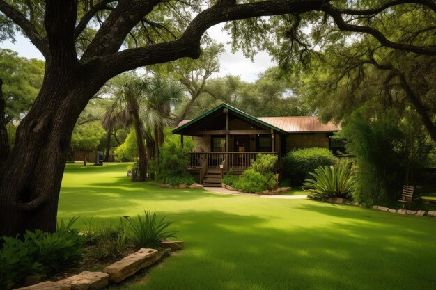 Foto casa de fazenda cercada por gramado verdejante e jardim com deck de madeira com vista para a propriedade