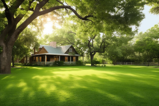Casa de fazenda com gramado verde exuberante cercado por árvores criadas com ai generativo