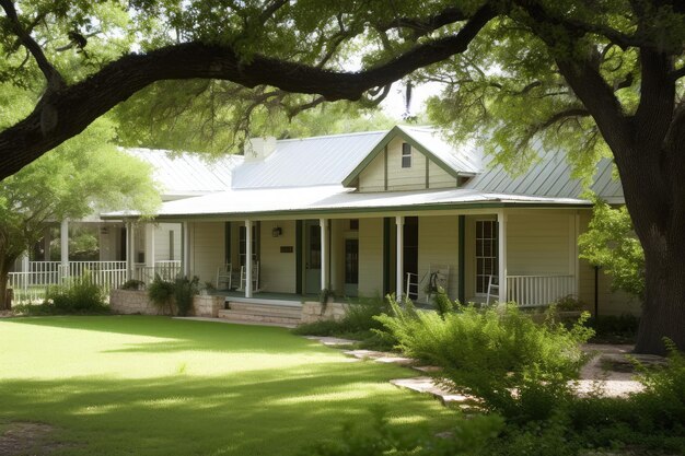 Casa de fazenda com varanda coberta e cadeiras de balanço cercada por uma vegetação luxuriante