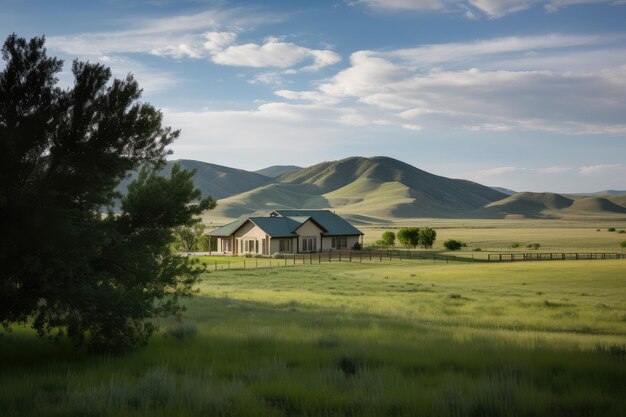 Casa de fazenda com vista majestosa de colinas e montanhas ao longe