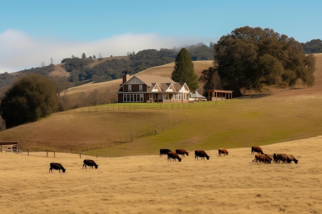 Casa de fazenda com vista para colinas e gado pastando criado com IA generativa