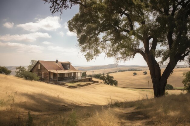 Casa de fazenda com vista para colinas e terras agrícolas ladeadas por árvores criadas com IA generativa