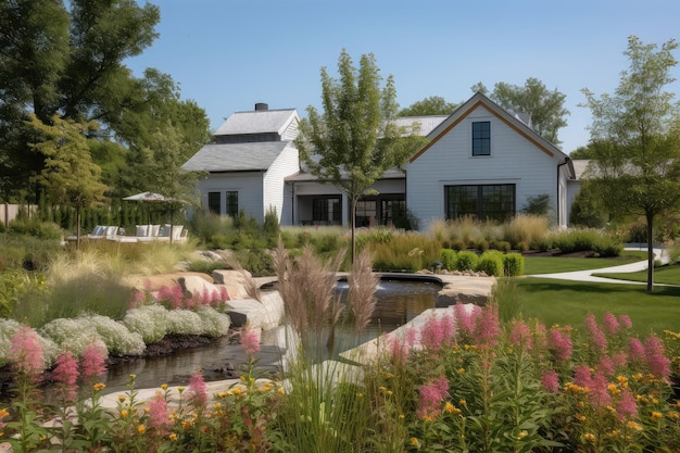Casa de fazenda moderna com flores exuberantes no jardim e fonte de água