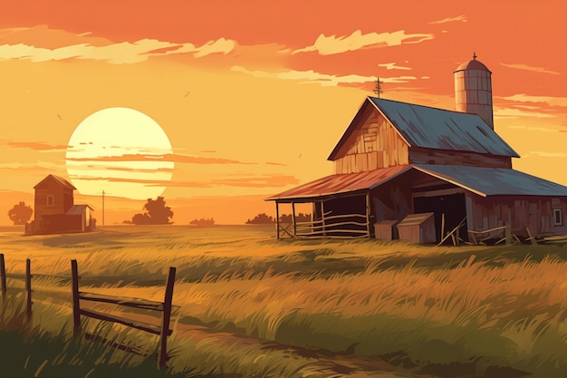 Foto casa de fazenda rural com estruturas inspiradas em celeiros contra um cenário de pôr-do-sol ilustração de estilo revista