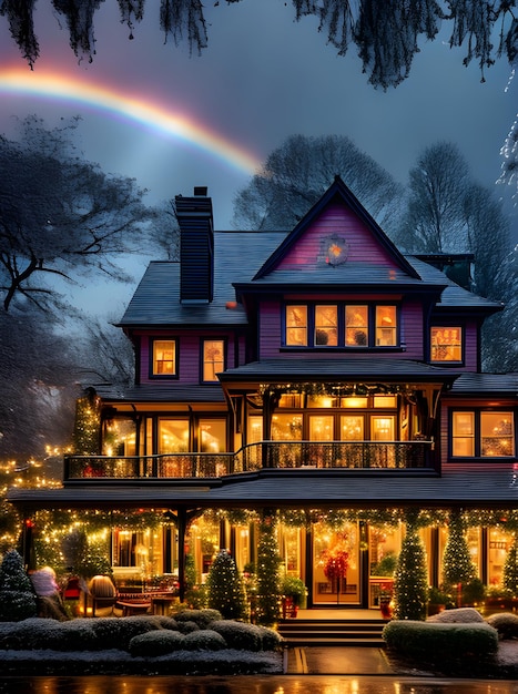 Casa de férias aconchegante captura iluminação panorâmica do arco-íris detalhada com IA generativa cinematográfica gerada