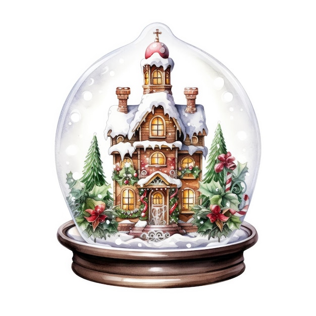 Casa de férias festiva de Natal de inverno com neve no globo para design de camisetas