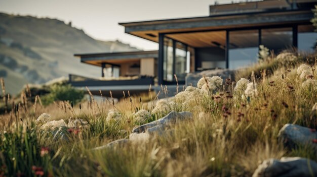 Casa de forma orgânica em estilo Whistlerian com fundo de montanha