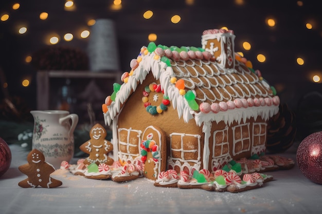 Casa de gengibre cercada por fronteira festiva de natal