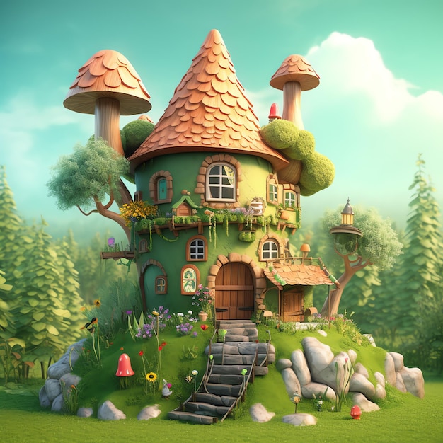 casa de gnomo de desenho animado 3d com ilustração de design de floresta