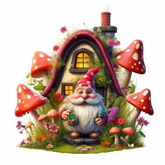 Foto casa de gnomos com um jardim de cogumelos e uma casa de cogumelos generativa ai