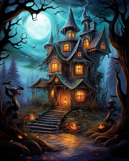 casa de halloween com abóboras e morcegos na frente de uma lua cheia ai generativa