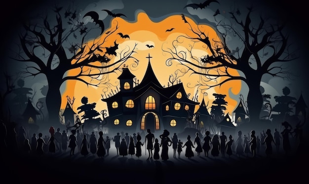 casa de halloween e multidões com fantasmas na frente dela