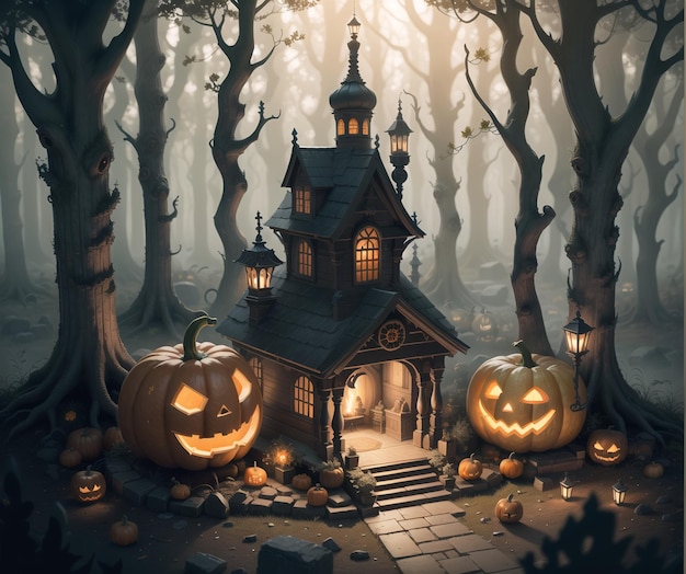 Casa de Halloween na floresta com abóboras