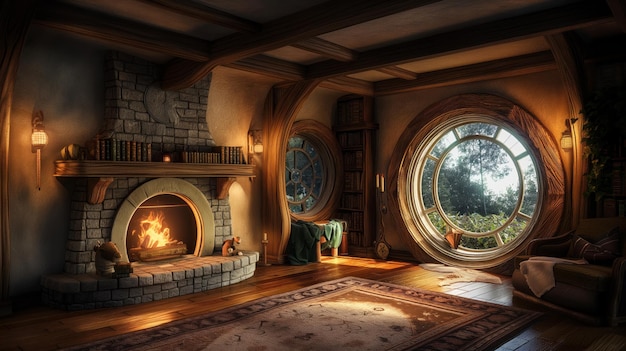 Casa de hobbits com interior de madeira clássico com lareira interior olhar para fora