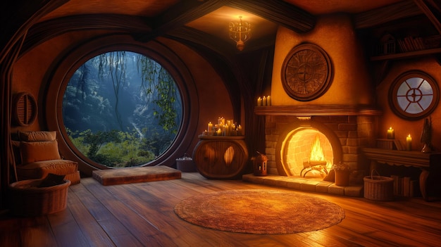 Casa de hobbits com interior de madeira clássico com lareira interior olhar para fora