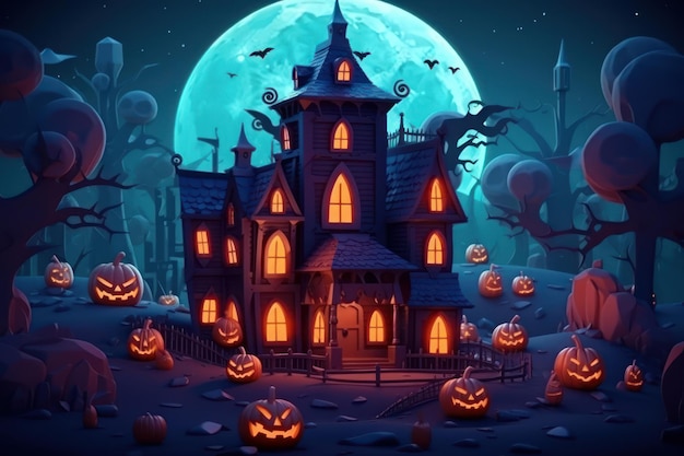 Casa de horror de desenho animado com abóboras de Halloween