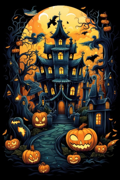 casa de horror de halloween e ilustração de desenho animado de fundo de abóbora assustadora