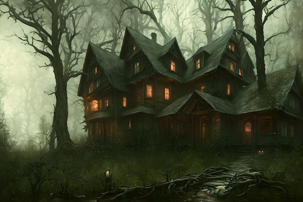 Casa de horror escuro na floresta
