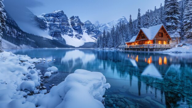 Foto casa de inverno ao lado do lago