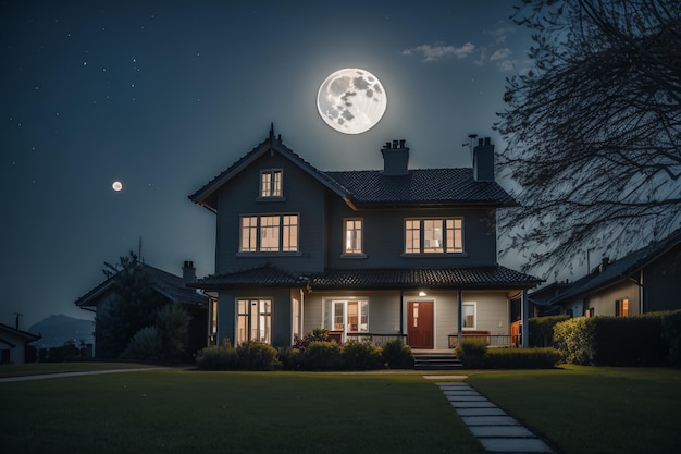 Foto casa de luxo à noite com lua