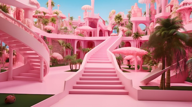 Foto casa de luxo barbie rosa no mundo do planeta rosa no estilo do mundo futurista