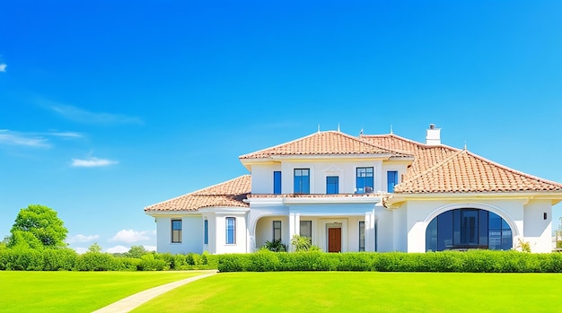 Casa de luxo com céu azul em dia ensolarado