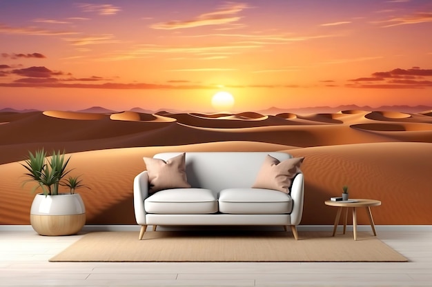 Casa de luxo com um horizonte de pôr-do-sol tranquilo com vista para uma praia calma e um sofá laranja relaxante