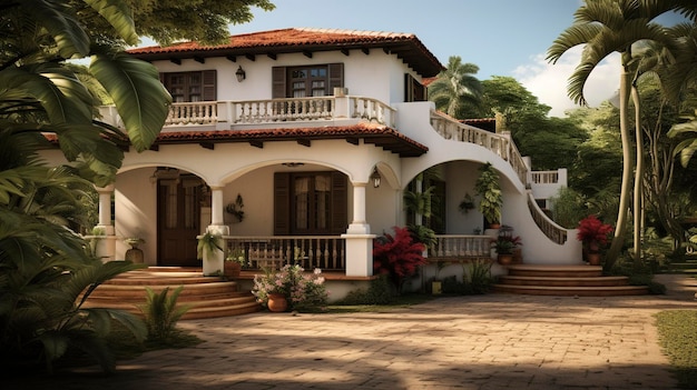 Casa de luxo de subúrbio com uma grande varanda e vegetação exuberante ao pôr-do-sol