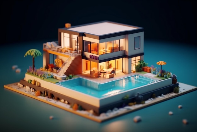 Casa de luxo em miniatura com piscina generativa ai