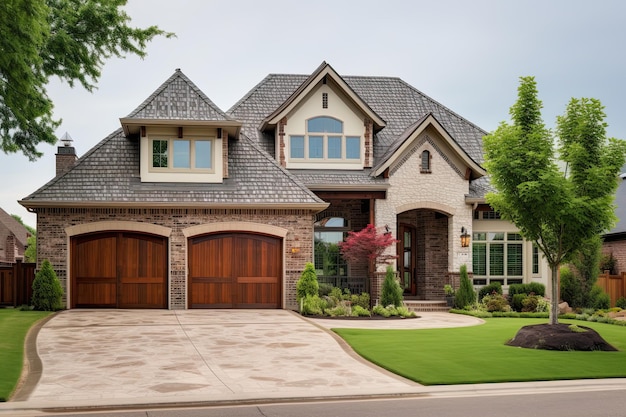 Casa de luxo Exterior com tijolos e revestimento e garagem dupla A casa dos sonhos perfeita