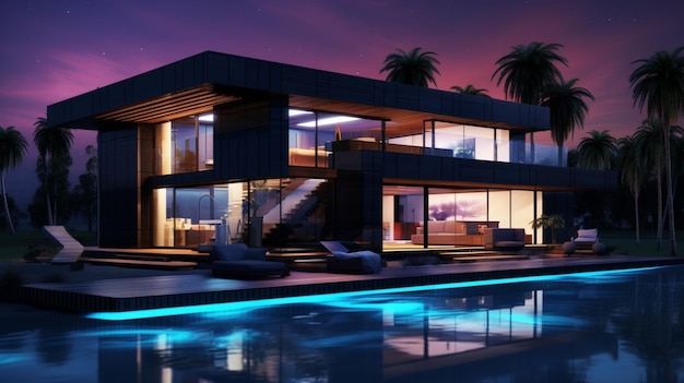 Casa de luxo exterior luz neon imagem de villa preta arte gerada por IA