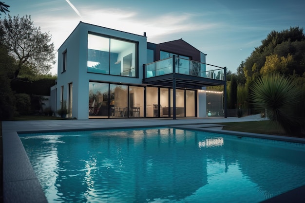 Casa de luxo moderna com piscina e jardim na hora azul generativa ai