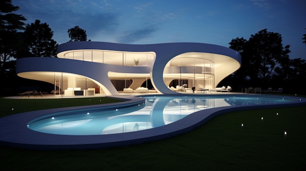 Casa de luxo modernista de forma redonda e curva