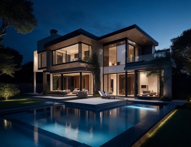 casa de luxo piscina arquitetura design vista noturna