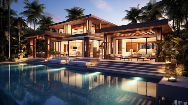 Foto casa de luxo villa moderna com piscina e plantas tropicais à noite