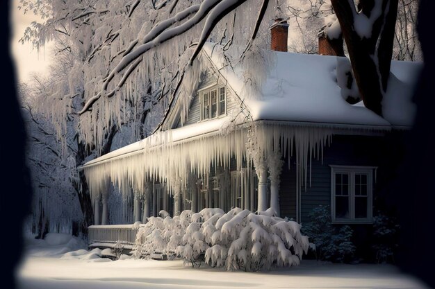 Casa de madeira cinza clara com gelo na casa entre árvores cobertas de neve