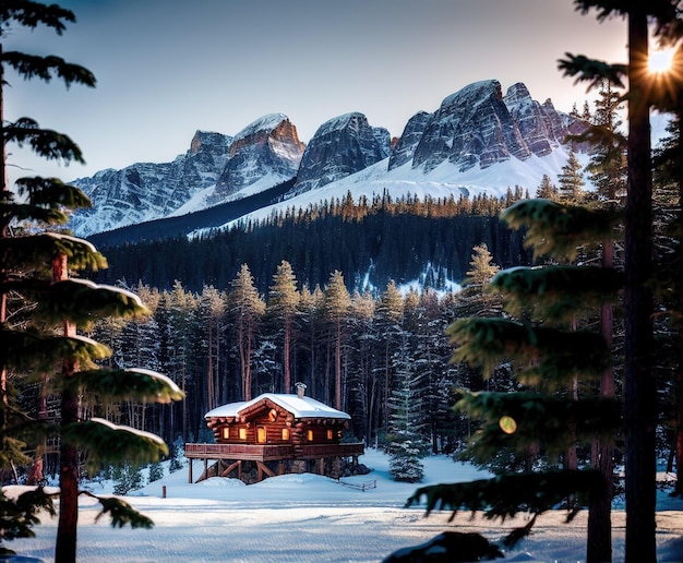 casa de madeira com bela paisagem de inverno com árvores cobertas de neve