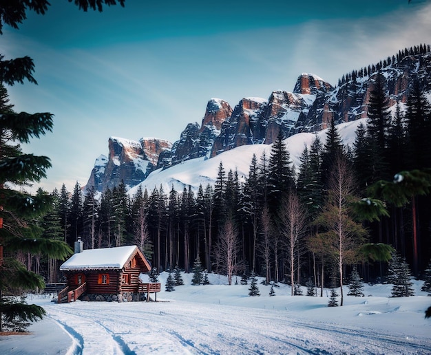 casa de madeira com bela paisagem de inverno com árvores cobertas de neve